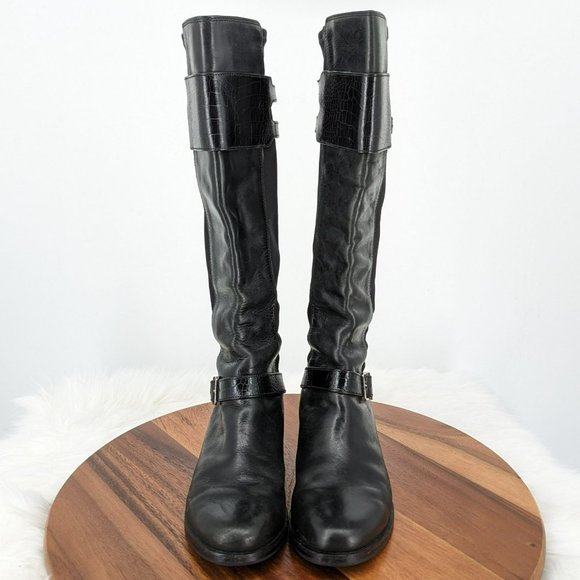 Cole Haan Tennley Knee High Boots 7.5 B Black Leather Stretch Buckles Pull On - Picture 4 of 13